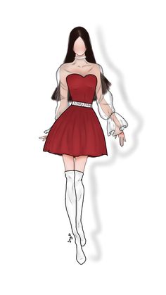 a drawing of a woman in a red dress and white stockings, with her hands on her hips