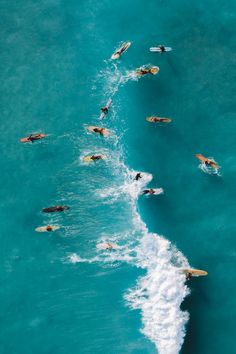 several surfers paddling out into the ocean on their surfboards, viewed from above