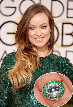 Here's an interesting variation on the halo engagement ring - a diamond surrounded by emeralds for Olivia Wild. Olivia Wilde Engagement Ring, Ombre Colour, Haircut For Square Face, Diy Ombre, Keratin Complex