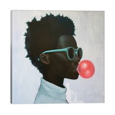 a painting of a man with sunglasses and a red ball in his mouth is shown