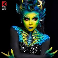 Airbrush Fantasy Makeup, Alien Hair And Makeup, Pretty Sfx Makeup, Dragon Makeup Halloween, Dragon Makeup Look, Dinosaur Makeup, Creature Makeup, Dragon Makeup, Dragon Hair