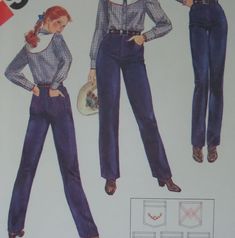 two women's pants and one woman's blouse are shown in this pattern