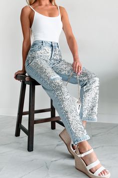 Dazzled High Rise Sequin Straight Leg Jeans (Silver/Light Wash) - NanaMacs Spring Straight Leg Sequined Jeans, Straight Leg Silver Jeans, Sequined Straight Leg Denim Jeans, Luxury Rhinestone Straight Leg Jeans, Blue Rhinestone Straight Leg Jeans, Casual Bodysuit, Graphic Dress, Short Mini Dress, Basic Dress