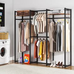 an organized closet with clothes and laundry items