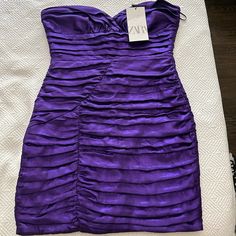 Nwt In Perfect Condition Purple Mini Dress Summer Formal Purple Bodycon Dress, Purple Bodycon Dress For Summer Formal, Lined Sheath Mini Dress For Cocktail, Purple Fitted Mini Dress With Lining, Fitted Purple Mini Dress With Lining, Fitted Purple Lined Mini Dress, Fitted Purple Mini Dress Lined, Fitted Pleated Mini Dress For Party Season, Summer Dinner Mini Dress With Lining