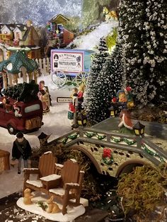 a christmas scene with toys and people on the snow covered ground, including an old fashioned car