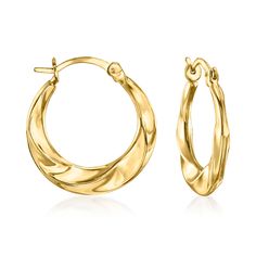 Ross-Simons - 14kt Yellow Gold Twisted Hoop Earrings. 5/8". This handcrafted pair of 14kt yellow gold hoops gleams from every angle, showing off a gently twisted design. At a modest hanging length of 5/8", you can't go wrong with these essential earrings. Snap-bar, 14kt gold twisted hoop earrings. Everyday Hoop Earrings With Hinged Closure, Hinged Hoop Earrings For Anniversary, Small Hoop Hinged Earrings For Anniversary, Jewelry Presentation, Twisted Hoop Earrings, Gold Earrings For Women, Yellow Gold Earrings, Timeless Jewelry, Gold Hoops