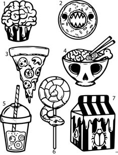 some food and drinks are drawn in black and white