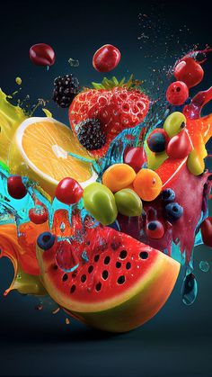 an image of fruit splashing out of watermelon, oranges and raspberries