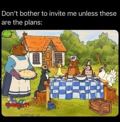 an image of a cartoon scene with bears and cats at a picnic table in front of a house