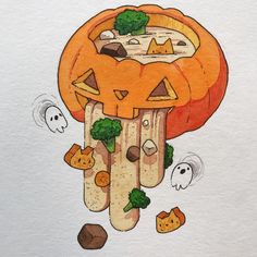 a drawing of a halloween pumpkin with ghost around it