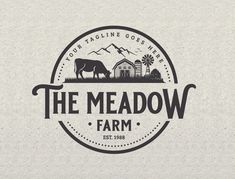 the meadow farm logo with a cow and barn in the background on a white paper