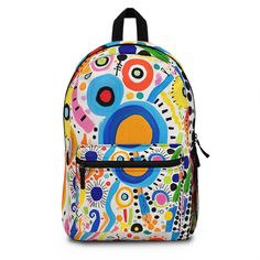 a colorful backpack with an abstract design on it