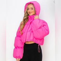 New! Cropped Hoodies Available In Tan, Black, & Hot Pink Hot Pink Cropped Puffer Jacket, Cheap Playful Pink Outerwear, Cheap Pink Fleece-lined Outerwear, Cheap Pink Outerwear For Playtime, Cheap Pink Outerwear With Fleece Lining, Hot Pink Puff Jacket, Cheap Pink Outerwear With Adjustable Hood, Pink Puffer Coat, Suede Jacket Women