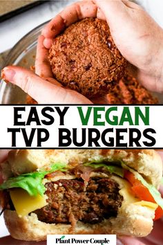 Overhead view of two hands holding a burger with a bite taken out of it with text reading easy vegan TVP burgers Vegan Burger Recipes, Tvp Recipes, Resep Vegan, Beyond Meat Burger, Vegan Meat Recipe, Vegan Burger Recipe, Veggie Burgers Recipe, Plant Based Burgers, Vegan Burger