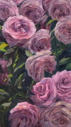 an oil painting of pink roses with green leaves