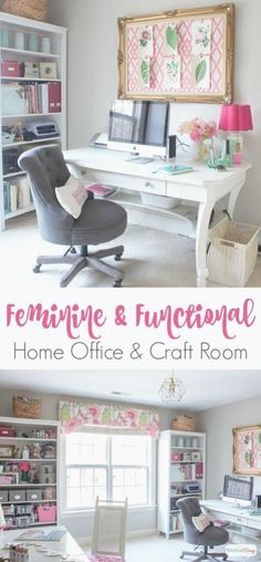 the home office and craft room is decorated in pink, white and gray colors with lots of bookshelves