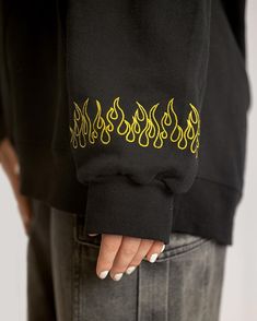 Flame Tshirt Design, Hoodies Ideas Design, Flames Embroidery, Streetwear Hoodie Design, Custom Hoodies Ideas, Flame Embroidery, Jeans Painting, Flame Hoodie