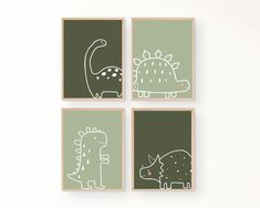 four green and white prints with dinosaurs on the same wall, one has a red nose