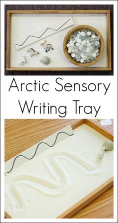 an artic sensory writing tray with rocks and sea glass in it, along with the words arctic sensory writing tray