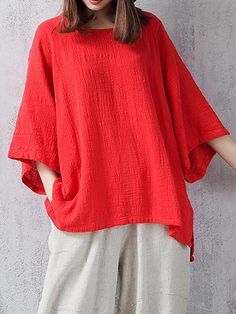 SPU: T-7BA8E5Material: LinenPattern Type: SolidSleeve Type: 3/4 SleeveTag: CasualStyle: CasualOccasion: DailyNeckline: Crew NeckElasticity: Slightly stretchyThickness: LightweightColor: Red,White,ApricotSize: M,L,XL,XXL,3XL,4XL,5XLTheme: Spring/FallSize Chart SizeShoulderBustSleeve LengthLengthcminchcminchcminchcminchM42.016.5115.045.348.018.963.024.8L43.016.9120.047.249.019.364.025.2XL44.017.3125.049.250.019.765.025.6XXL45.017.7130.051.251.020.166.026.03XL46.018.1135.053.152.020.567.026.44XL47.018.5140.055.153.020.968.026.85XL48.018.9145.057.154.021.369.027.2 Casual Half Sleeve Stretch Tops, Red Half Sleeve Summer T-shirt, Oversized Half Sleeve Tops For Fall, Stretch Half Sleeve Summer Top, Stretch Half Sleeve Tops For Summer, Summer Stretch Top With Half Sleeves, Casual 3/4 Sleeve Summer T-shirt, Solid Color Half Sleeve Relaxed Fit Tops, Casual Tops With Relaxed Fit And 3/4 Sleeve