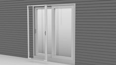 an open sliding glass door on the side of a house with gray siding and white trim