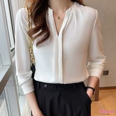 Classic Long Sleeve Snow White Blouse for Ladies Elegant Solid Color Shirt For Spring, Office Long Sleeve Blouse, Elegant Spring Shirt, Non-stretch Long Sleeve Office Blouse, Plain Office Tops For Spring, Elegant Non-stretch Solid Color Blouse, Elegant V-neck Plain Tops, Elegant Plain Blouse For Fall, Elegant Non-stretch Tops