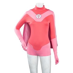 a woman's pink and red bodysuit on display