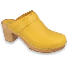 Are you looking for quality high heel clogs? YELLO Klogga - stylish and elegant Swedish clogs from quality real leather on wooden high heel soles YELLO clogs are made from quality real leather. This clog is a perfect blend of comfort and style. It offers optimal support and a timeless look. YELLO clogs are also lightweight due to their poplar wood soles. The yellow colour is vivid and attractive. YELLO clogs are in classic style so you can wear them with any outfit. They are suitable for casual Yellow Rubber Sole Clogs For Spring, Yellow Clogs With Rubber Sole For Spring, Wooden Clogs With Stacked Heel And Round Toe, Wooden Clogs With Round Toe And Wooden Heel, Wooden Clogs With Round Toe, Yellow Leather Closed Toe Clogs, Yellow Leather Closed Toe Mules, Yellow Stacked Heel Round Toe Heels, Yellow Round Toe Heels With Stacked Heel