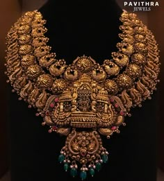 Antique Lakshmi Pendant Peacock Necklace From 'Pavithra Jewels' • South India Jewels Traditional Jewelry South Indian, Heavy Gold Necklace Indian, Lakshmi Necklace Gold, Traditional Jewelry Antique, Lakshmi Pendant, Indian Gold Jewellery Design, Heavy Jewellery, Antique Gold Necklace, Baby Jewellery