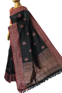 This latest collection is in a black and red color combination, a pure tussar silk banarasi saree with golden zari and meenakari work, and in an alluring meenar butta work on the body and traditional meenakari work on the pallu and the border and all over. Color: A shade of black and red color Technique: A pure and refined hand-done work of border with meenakari zari work and traditional meena butta work Fabric: Tussar Quality: IndyVogue's Assurance of Silk Mark Certification Note: Comes with co All Over Color, Red Color Combinations, How To Wash Silk, Silk Banarasi Saree, Brocade Blouses, Blouse Measurement, Color Techniques, Banarasi Saree, Zari Work