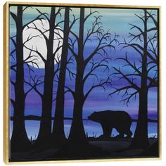 an acrylic painting of a bear walking in the woods at night with trees