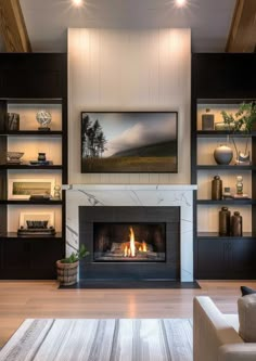 43 Best Living Room Decor Fireplace Ideas - Home Soils Living Room Fireplace Shelving, Modern Fireplace Wall Living Room Stone, Fire Places Ideas Living Room Classic, Fireplace Furniture Ideas, Living Room Built In Cabinets With Fireplace, Shelving Ideas Around Fireplace, Family Room Brick Fireplace, Fireplace Transitional Style, Built Ins With Fireplace And Tv