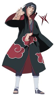 an anime character with long black hair wearing a red and black coat