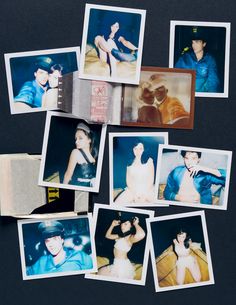 several polaroid photos of people in blue clothes and hats are arranged on a black surface