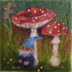 an image of two gnomes in the grass with mushrooms and flowers behind them on a green background