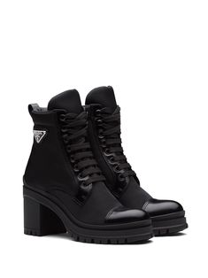 Shop Prada logo plaque ankle boots with Express Delivery - FARFETCH Dream Reality, Dr Shoes, Lace Booties, Prada Logo, Ankle Boots Black, Formal Shoes For Men, Lace Up Booties, Triangle Logo, Winter Shoes