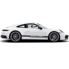 a white porsche sports car parked in front of a white background with the word porsche on it