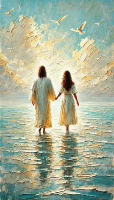 two children holding hands while standing in the water with birds flying above their heads and clouds behind them