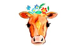 a watercolor painting of a cow with flowers on it's head, looking at the camera