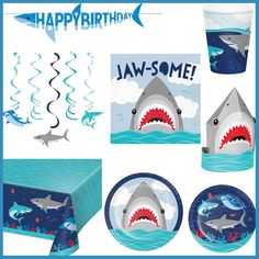 shark birthday party supplies including plates, napkins and cups