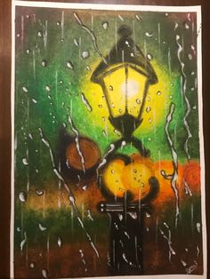 a painting of a lamp post and rain drops