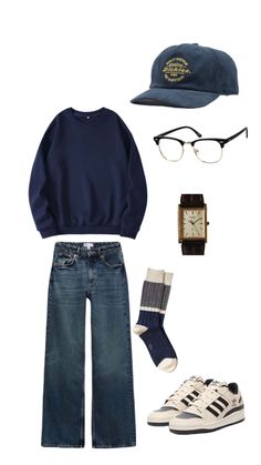 a man's outfit and hat with glasses, socks, watch, watch bracelet