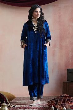 Shop for Weaver Story Blue Velvet Embroidered Straight Kurta And Salwar Set for Women Online at Aza Fashions