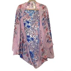 Anthropologie Size - All - One Size Fits Most Rayon Pink And Blue Floral Open Front Cocoon Kimono Style New With Tags No Flaws Pink Open Front Outerwear For Summer, Feminine Long Sleeve Kimono For Spring, Pink Bohemian Outerwear For Spring, Feminine Long Sleeve Spring Kimono, Spring Purple Open Front Outerwear, Purple Open Front Outerwear For Spring, One Size Pink Kimono For Spring, Feminine Pink Summer Outerwear, Fitted Pink Summer Kimono