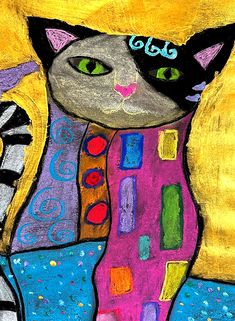 a drawing of a cat with green eyes and yellow hair, wearing a pink dress