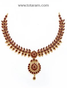 22 karat gold necklace with rubies for women

enhance your beauty with 22 karat gold necklace with rubies indulge in the exquisite craftsmanship of this 22 karat gold necklace with rubies, handcrafted in india by totaram jewelers. elevate your style with the dazzling beauty of 30.000 carats of rubies set in 22 karat gold, radiating luxury and sophistication.  unleash your inner glamour make a statement with this stunning piece that exudes elegance and charm. perfect for adult women who appreciat Luxury Ruby Temple Necklace With 17 Jewels, Ruby Necklace Set, Red 22k Gold Temple Jewelry Necklace, Red 22k Gold Necklace For Celebration, Festive 22k Gold Red Necklaces, Festive Red 22k Gold Necklaces, Festive Red 22k Gold Necklace, Red 22k Gold Temple Necklace For Celebration, 22k Gold Red Jewelry