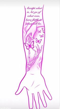 a drawing of a person's arm with pink ink and butterflies on the arm