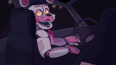 a cartoon character in a car with glowing eyes and an animal head on the steering wheel