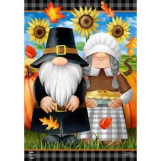 a painting of an old man and woman sitting in front of a pumpkin patch with sunflowers